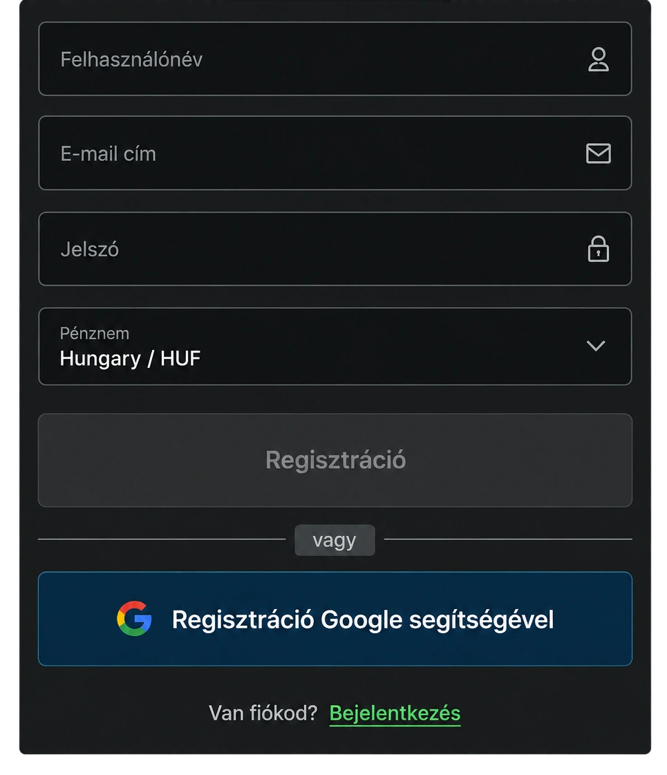 Royal Sea regisztrációs űrlap: felhasználónév, e-mail, jelszó és HUF pénznem